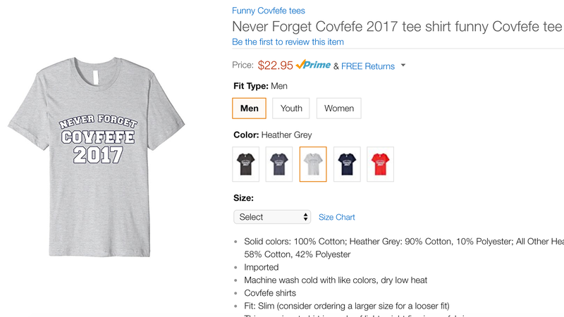 Illustration for article titled Be the Saddest Guy in the Office With Amazon's Embarrassing 'Covfefe' Swag